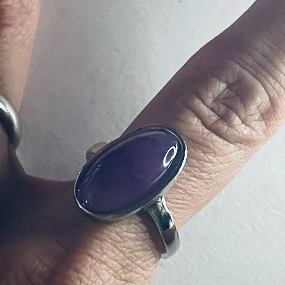 New Sterling Silver Long Oval Purple Amethyst Oblong Artisan Handmade Ring